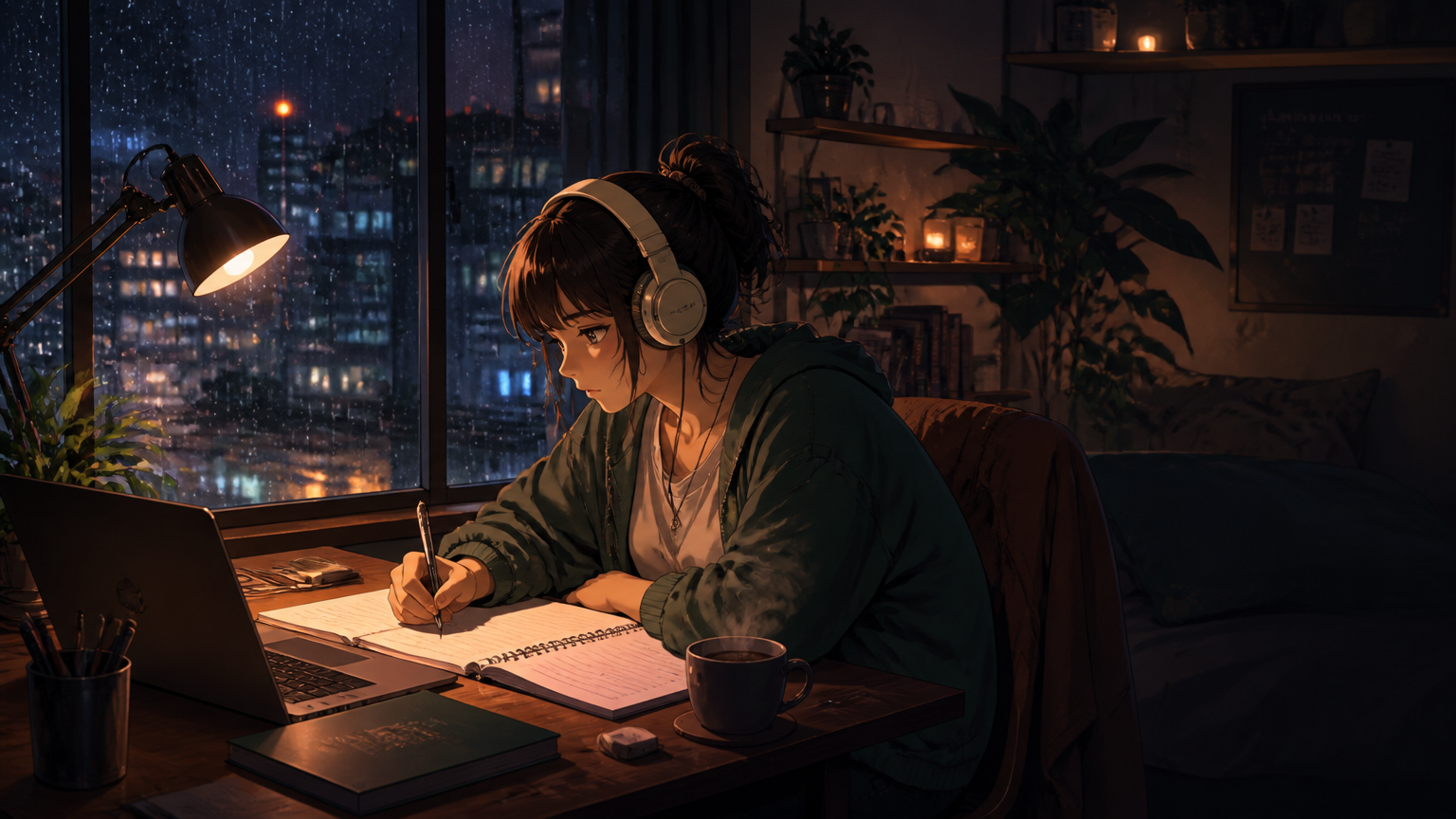Original lofi study girl in a rainy night room